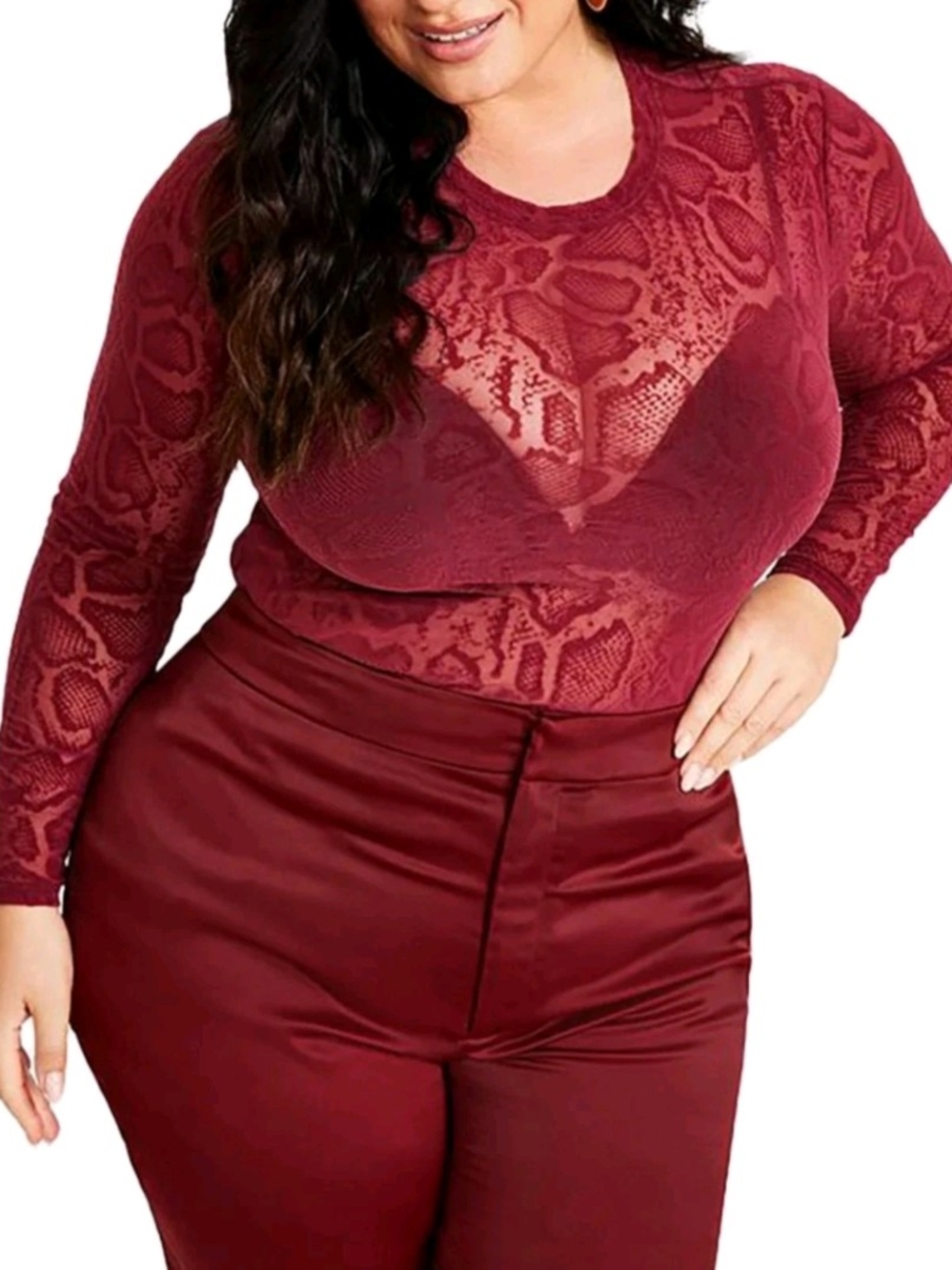 Nina Parker Plus Size Burgundy Sheer Snake Print Long-Sleeve Top